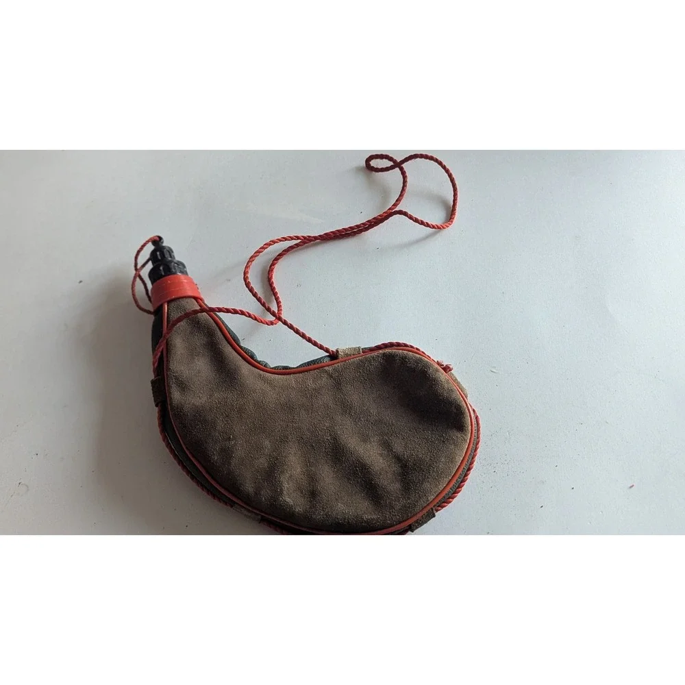 Vintage Spanish Suede Leather Bota Bag Wineskin Brown Red Trim 11.5 Inch